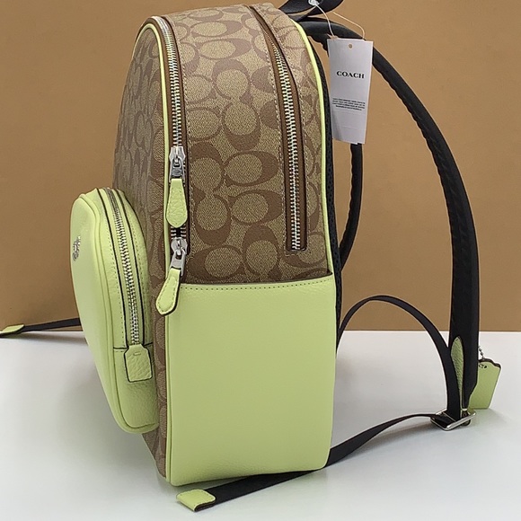 COACH NWT COURT BACKPACK IN SIGNATURE CANVAS KHAKI PALE LIME COLOR - Picture 10 of 16
